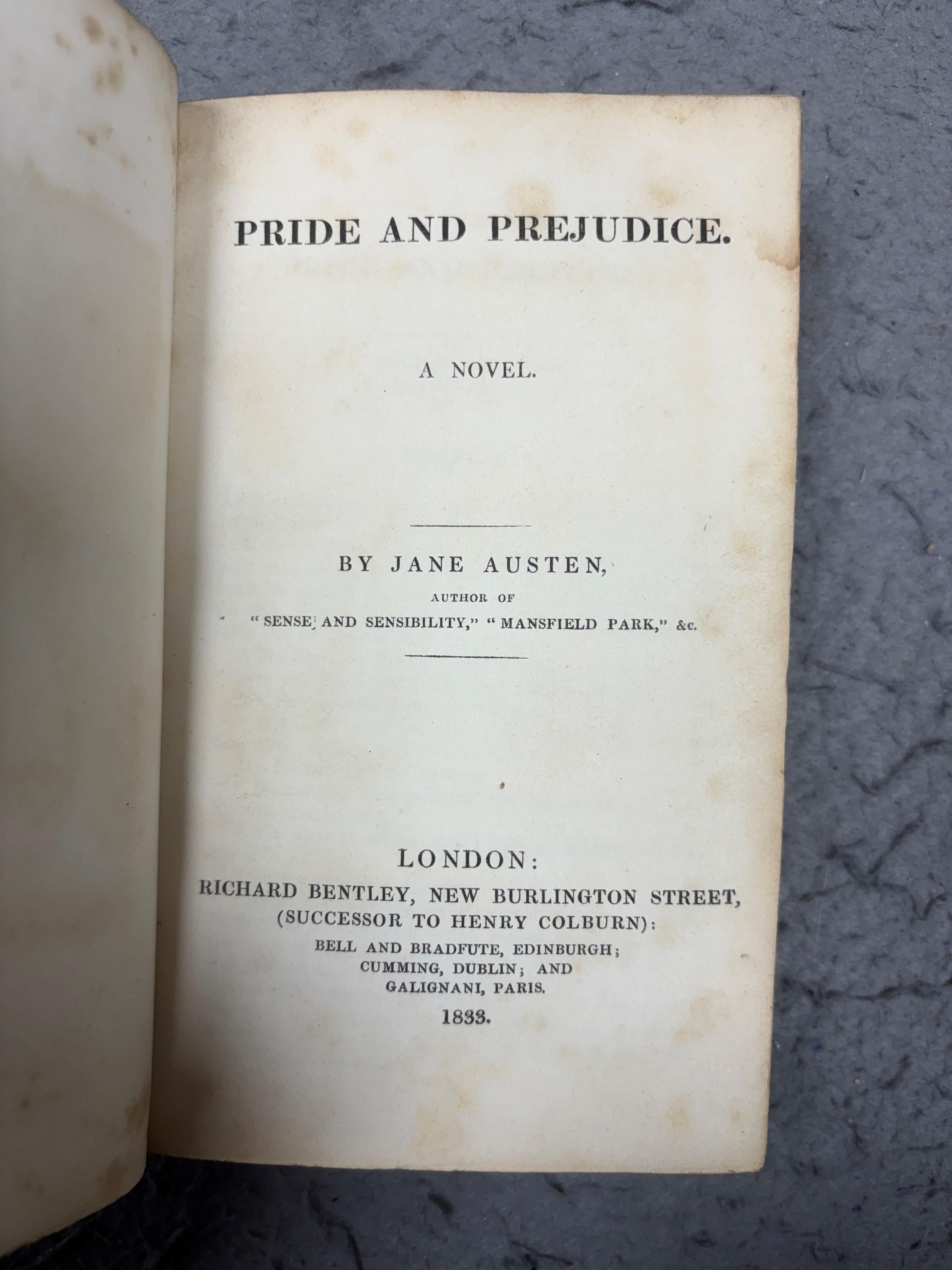 Austen, Jane - Pride and Prejudice, A Novel [Standard Novels series , vol. XXX], 8vo, red morocco, with marbled boards, engraved frontispiece and vignette title by William Greatbach after Ferdinand Pickering, with letter